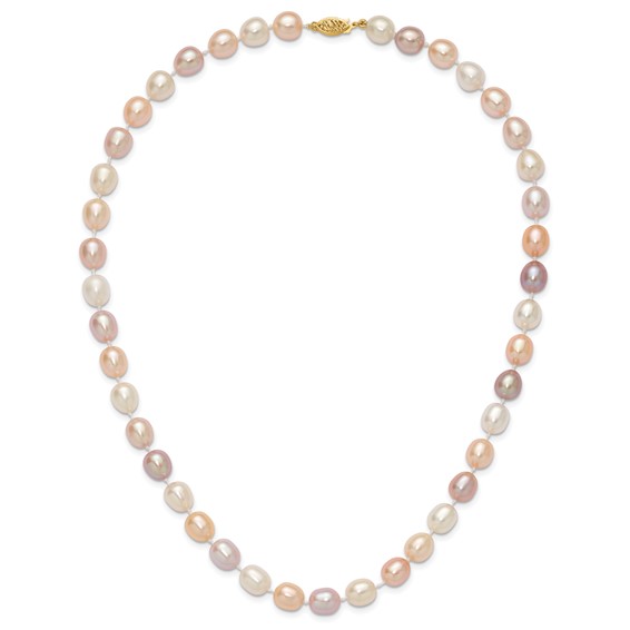 14k 8-9mm Pink/Purple/White Alternating Color Rice Freshwater Cultured Pearl 18 inch Necklace