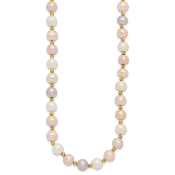14k 8-9mm Pink/Purple/White Semi-Round Freshwater Cultured Pearl and Diamond-cut Beaded 18 inch Necklace