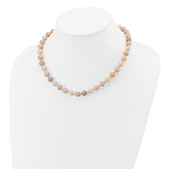 14k 8-9mm Pink/Purple/White Semi-Round Freshwater Cultured Pearl and Diamond-cut Beaded 18 inch Necklace