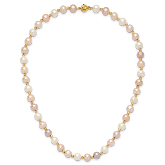 14k 8-9mm Pink/Purple/White Semi-Round Freshwater Cultured Pearl and Diamond-cut Beaded 18 inch Necklace
