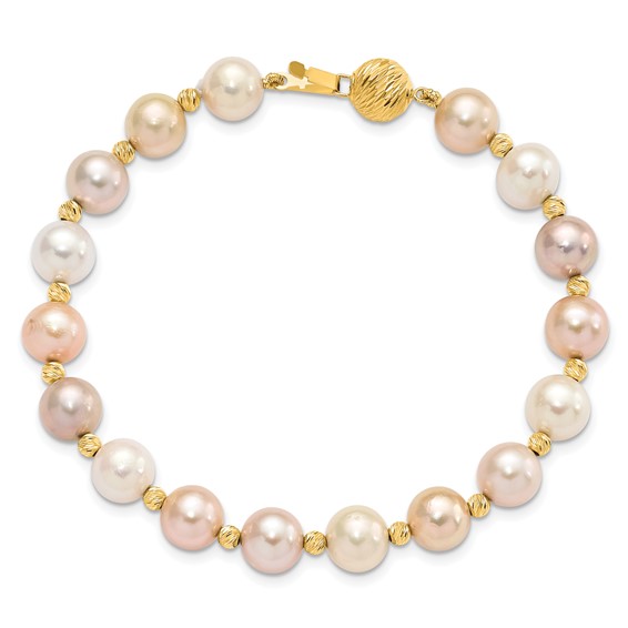 14k 8-9mm Pink/Purple/White Semi-Round Freshwater Cultured Pearl and Diamond-cut Beaded 7.5 inch Bracelet