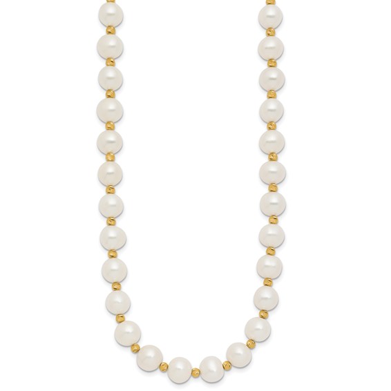 14k 8-9mm White Near-Round Freshwater Cultured Pearl and Diamond-cut Beaded 18 inch Necklace