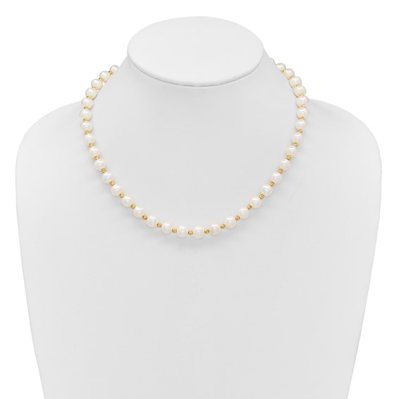 14k 8-9mm White Near-Round Freshwater Cultured Pearl and Diamond-cut Beaded 18 inch Necklace