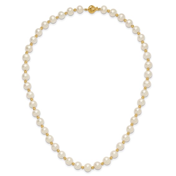 14k 8-9mm White Near-Round Freshwater Cultured Pearl and Diamond-cut Beaded 18 inch Necklace