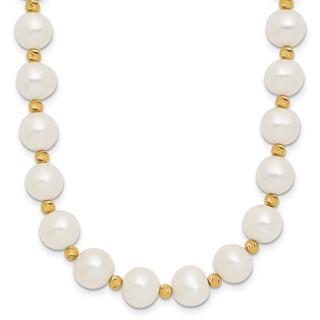 14k 8-9mm White Near-Round Freshwater Cultured Pearl and Diamond-cut Beaded 18 inch Necklace