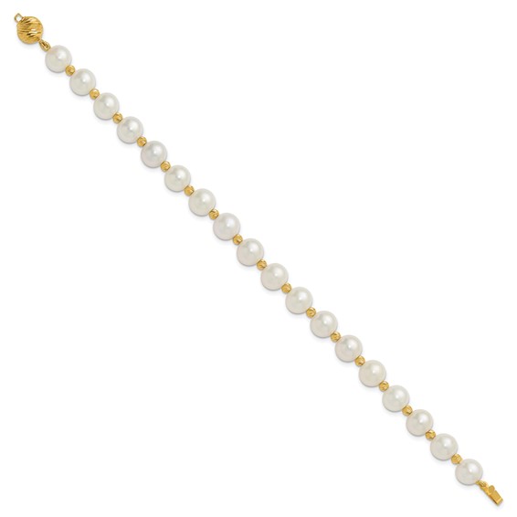 14k 8-9mm White Near-Round Freshwater Cultured Pearl and Diamond-cut Beaded 7.5 inch Bracelet