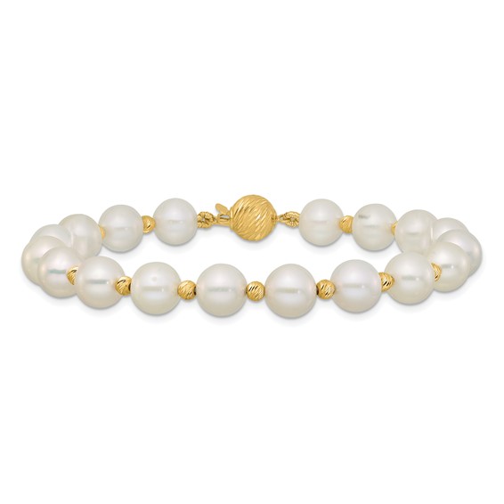14k 8-9mm White Near-Round Freshwater Cultured Pearl and Diamond-cut Beaded 7.5 inch Bracelet
