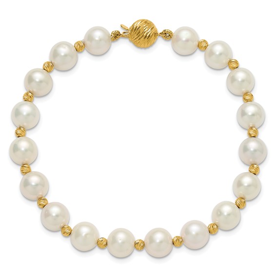 14k 8-9mm White Near-Round Freshwater Cultured Pearl and Diamond-cut Beaded 7.5 inch Bracelet