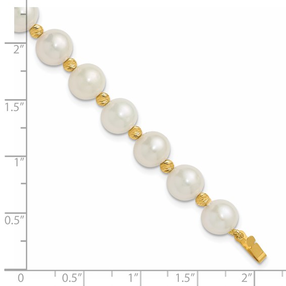 14k 8-9mm White Near-Round Freshwater Cultured Pearl and Diamond-cut Beaded 7.5 inch Bracelet