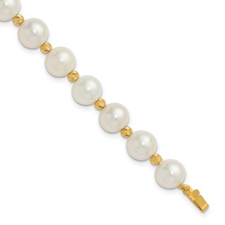 14k 8-9mm White Near-Round Freshwater Cultured Pearl and Diamond-cut Beaded 7.5 inch Bracelet