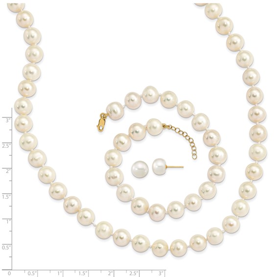 14k 8-9mm White Near-Round Freshwater Cultured Pearl 18 inch Necklace with 2 inch Extender/7.5 inch Bracelet with 1 inch Extender/Post Earrings Set