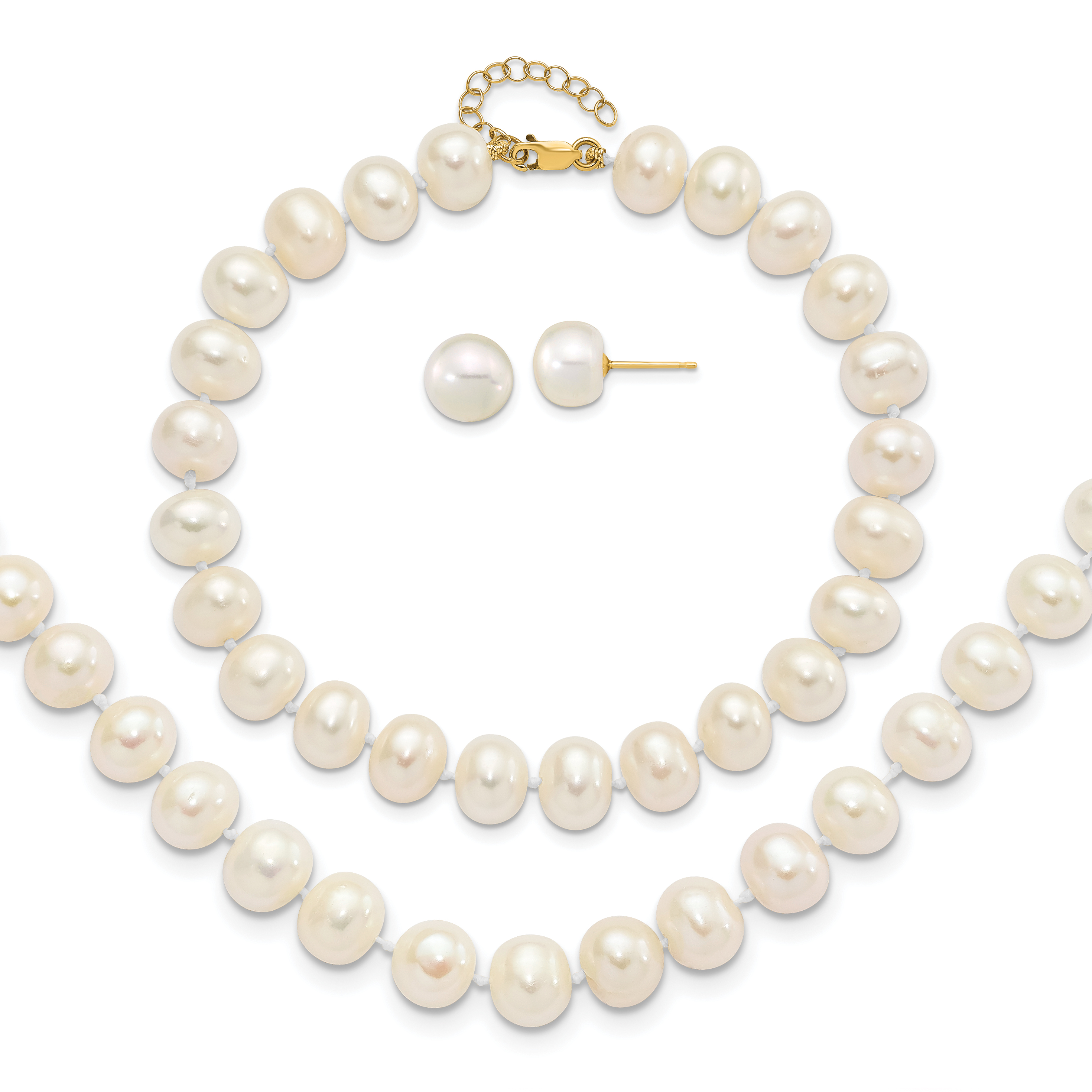 14k 8-9mm White Near-Round Freshwater Cultured Pearl 18 inch Necklace with 2 inch Extender/7.5 inch Bracelet with 1 inch Extender/Post Earrings Set (XF769SET)