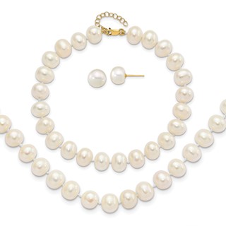 14k 8-9mm White Near-Round Freshwater Cultured Pearl 18 inch Necklace with 2 inch Extender/7.5 inch Bracelet with 1 inch Extender/Post Earrings Set
