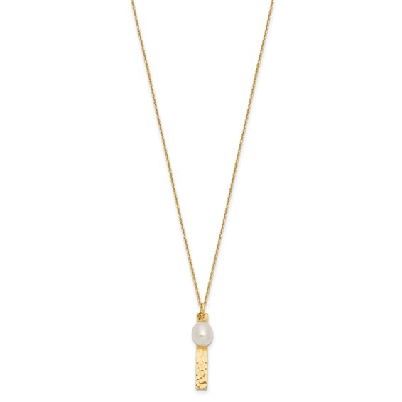 14k Brushed and Hammered 6-7mm White Rice Freshwater Cultured Pearl 17 inch Necklace