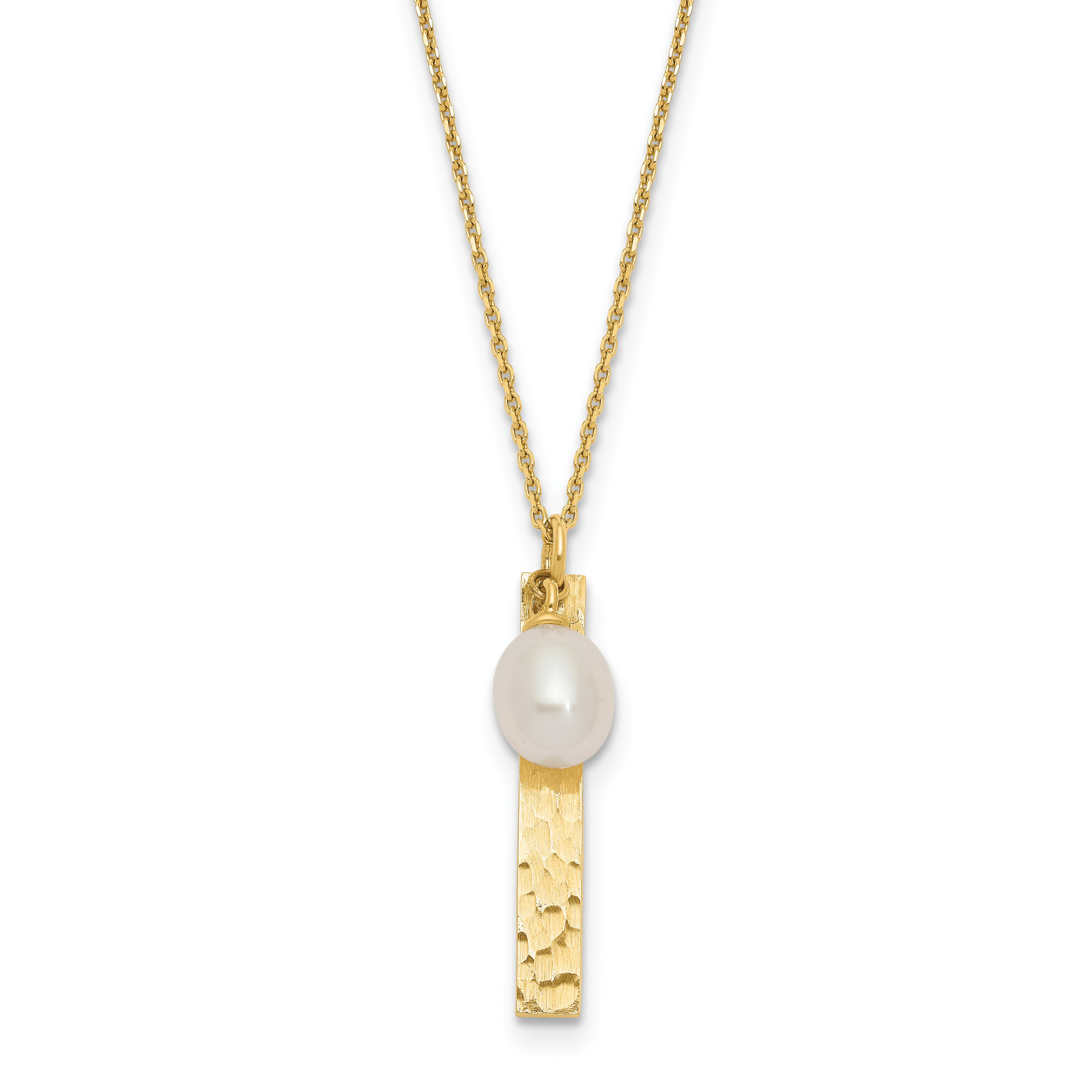 14k Brushed and Hammered 6-7mm White Rice Freshwater Cultured Pearl 17 inch Necklace (XF771-17)