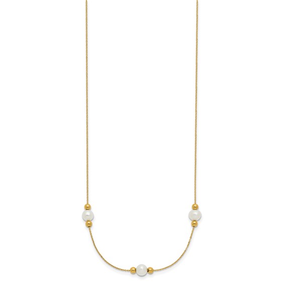 14K Polished White Round Freshwater Cultured Pearl and Bead 3-Station 16 inch Necklace Plus 2 inch Extender