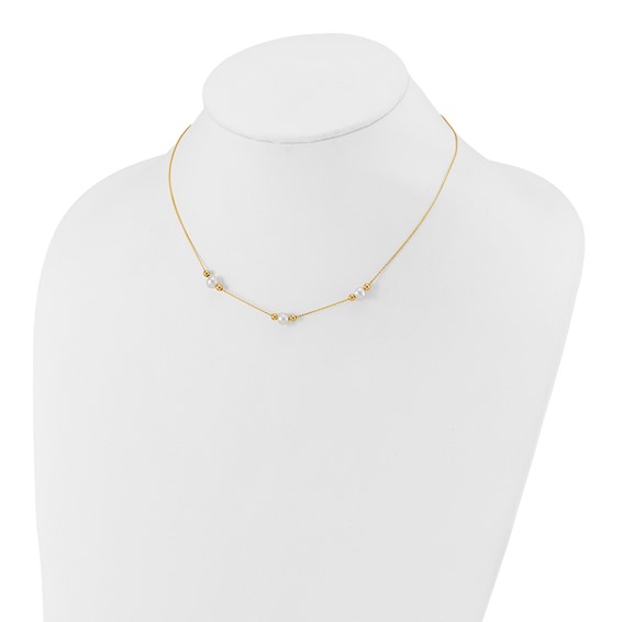 14K Polished White Round Freshwater Cultured Pearl and Bead 3-Station 16 inch Necklace Plus 2 inch Extender