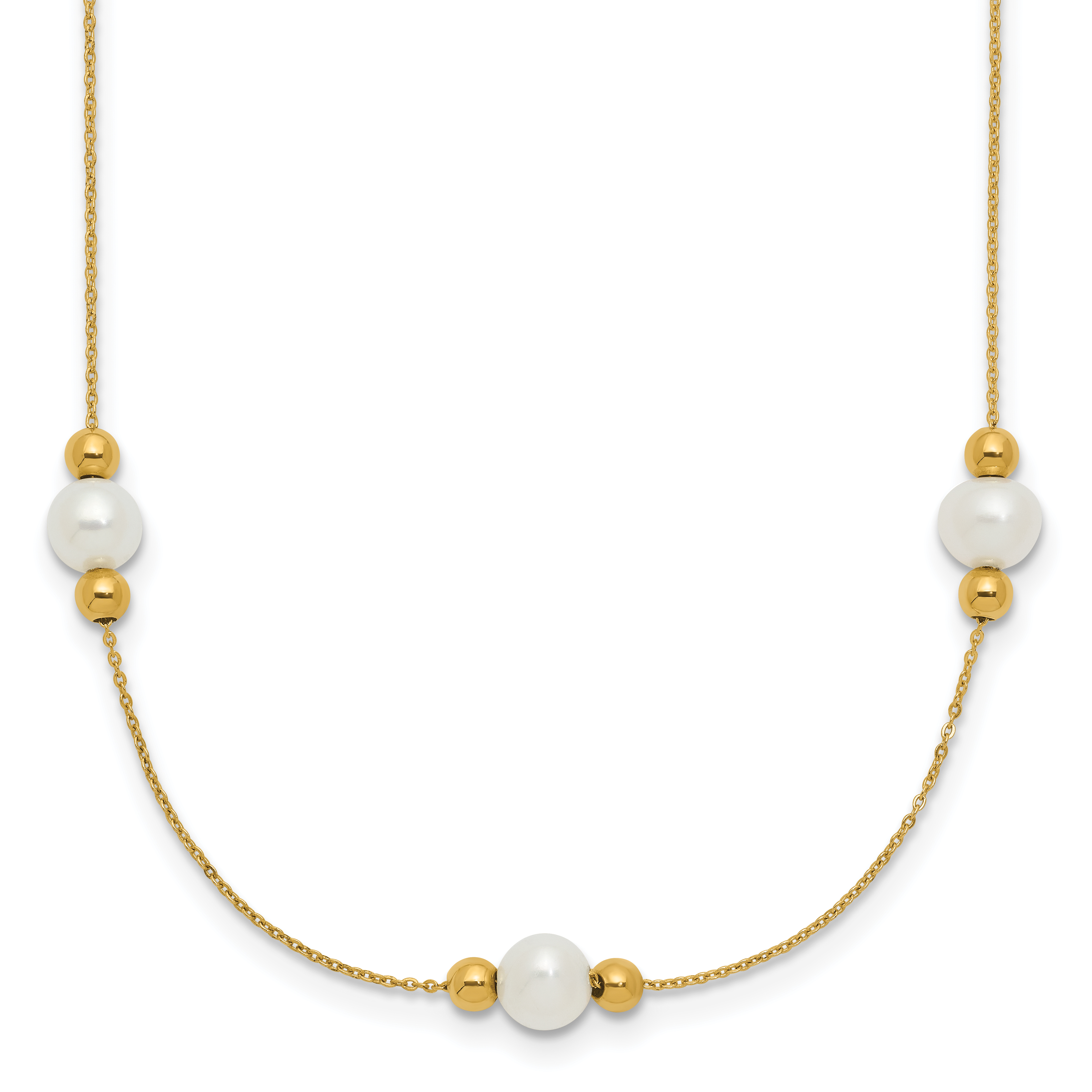 14K Polished White Round Freshwater Cultured Pearl and Bead 3-Station 16 inch Necklace Plus 2 inch Extender (XF773-16)