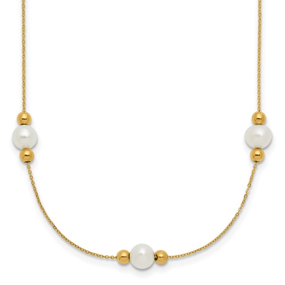 14K Polished White Round Freshwater Cultured Pearl and Bead 3-Station 16 inch Necklace Plus 2 inch Extender