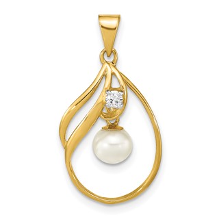 14k 5-6mm White Round Freshwater Cultured Pearl and .05 Carat Diamond Pendant