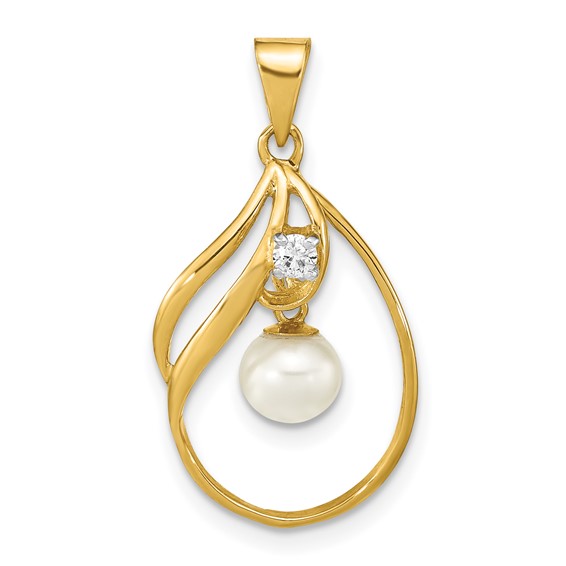 14k 5-6mm White Round Freshwater Cultured Pearl and .05 Carat Diamond Pendant