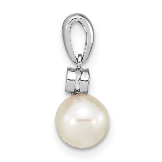 14k White Gold 6-7mm Round White Akoya Saltwater Cultured Pearl and .05 Carat Diamond Pendant