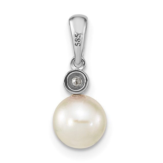 14k White Gold 6-7mm Round White Akoya Saltwater Cultured Pearl and .05 Carat Diamond Pendant