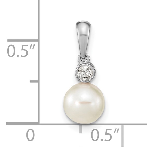 14k White Gold 6-7mm Round White Akoya Saltwater Cultured Pearl and .05 Carat Diamond Pendant