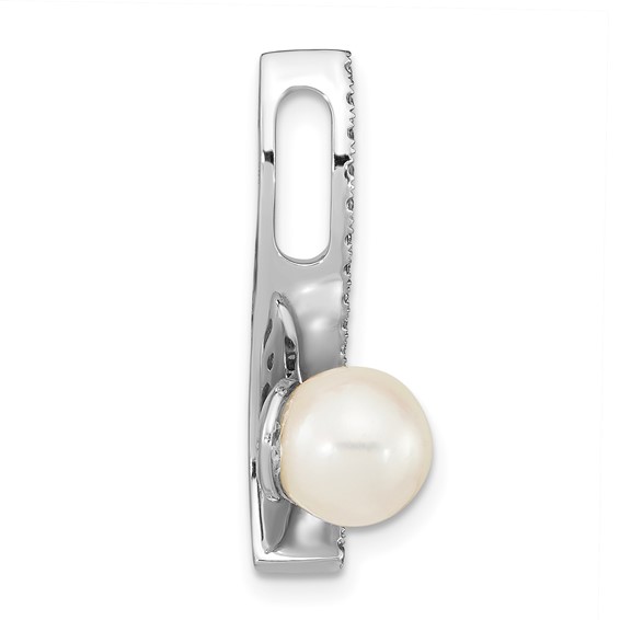 14k White Gold 7-8mm Round White Akoya Saltwater Cultured Pearl and .06 Carat Diamond Chain Slide