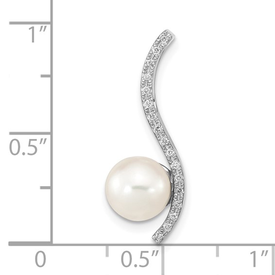 14k White Gold 7-8mm Round White Akoya Saltwater Cultured Pearl and .06 Carat Diamond Chain Slide