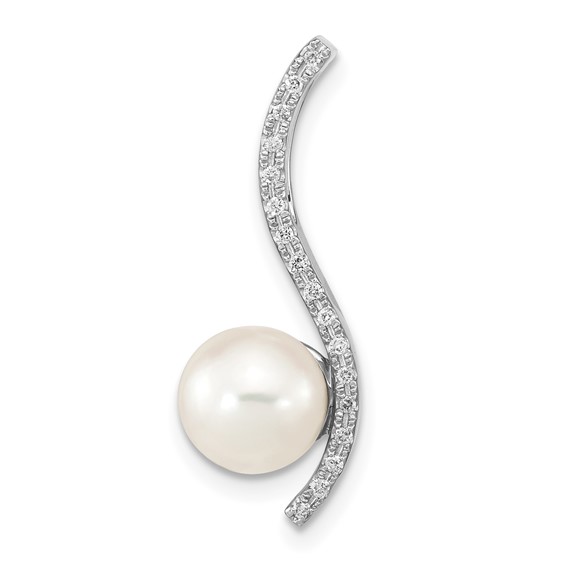 14k White Gold 7-8mm Round White Akoya Saltwater Cultured Pearl and .06 Carat Diamond Chain Slide