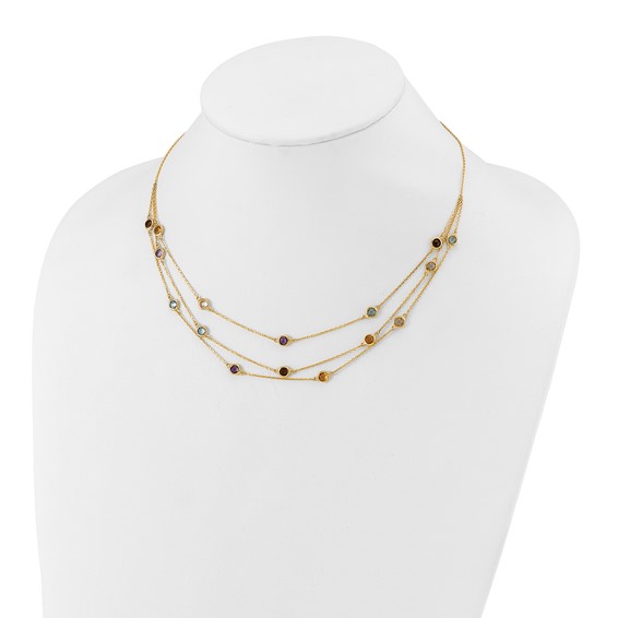 14K Smoky Quartz/White Quartz/Blue Topaz/Citrine/Amethyst 3-strand 17 inch Necklace