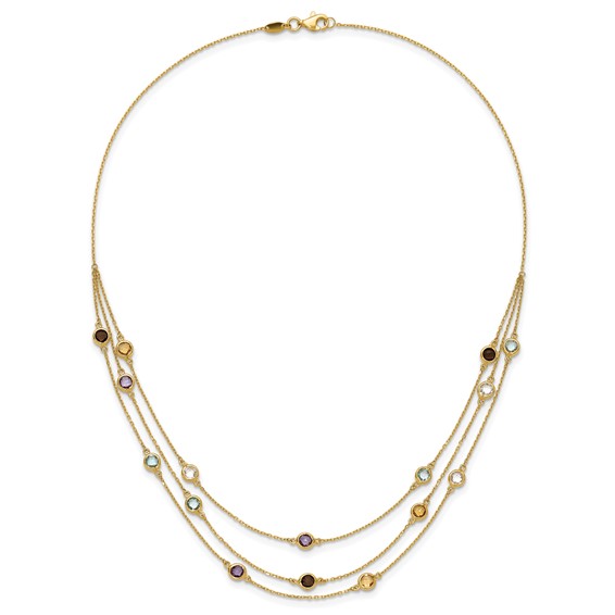 14K Smoky Quartz/White Quartz/Blue Topaz/Citrine/Amethyst 3-strand 17 inch Necklace