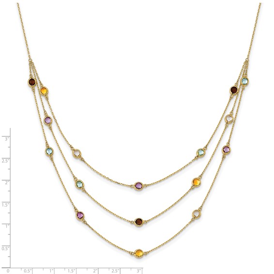14K Smoky Quartz/White Quartz/Blue Topaz/Citrine/Amethyst 3-strand 17 inch Necklace