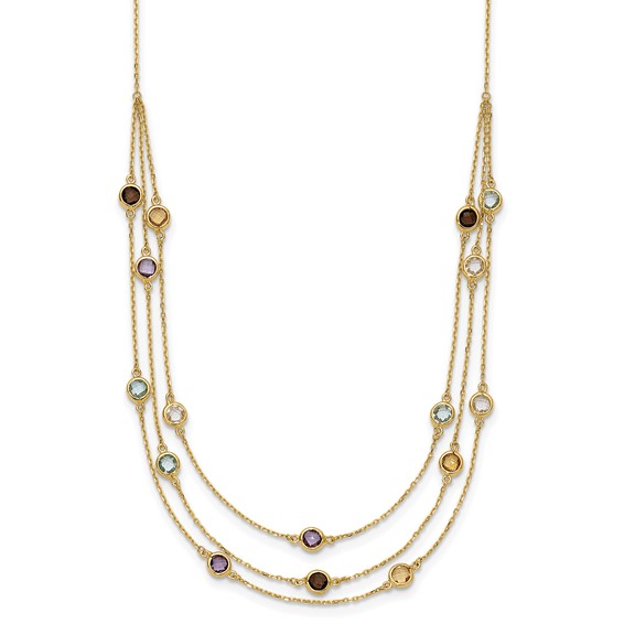 14K Smoky Quartz/White Quartz/Blue Topaz/Citrine/Amethyst 3-strand 17 inch Necklace