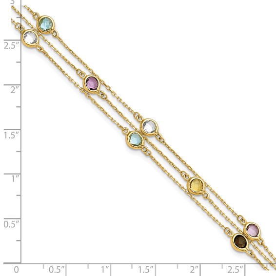 14K Smoky Quartz/White Quartz/Blue Topaz/Citrine/Amethyst 3-strand 7.5 inch Bracelet