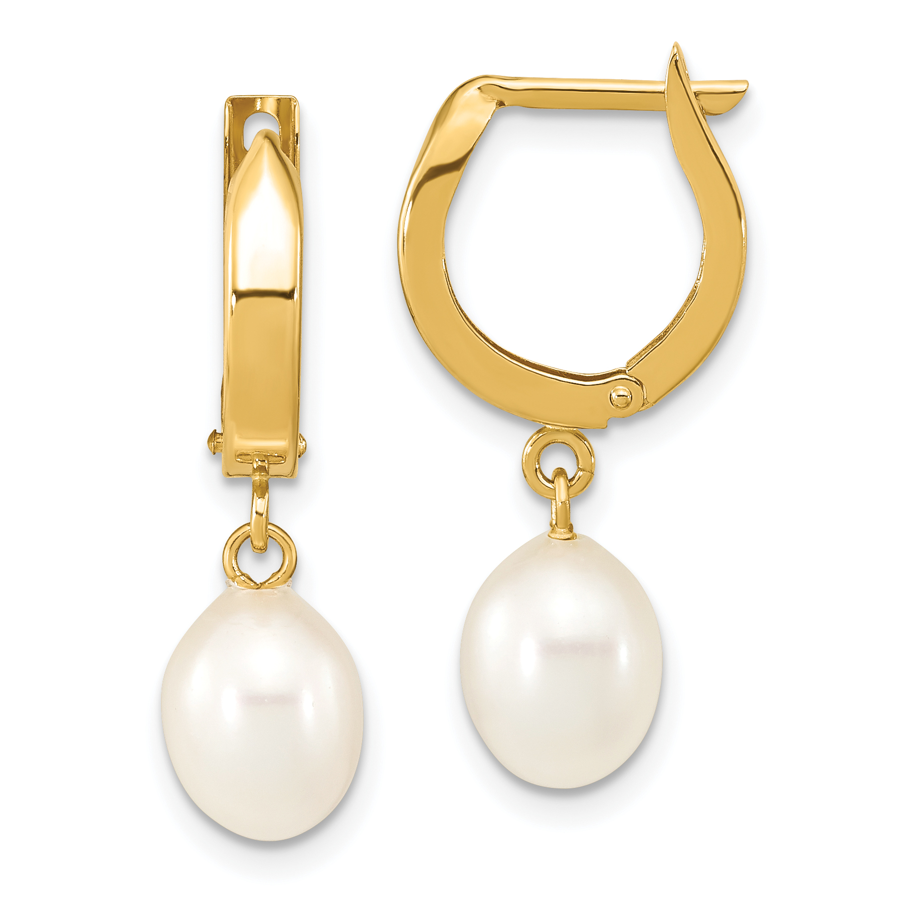 14k 6-7mm White Rice Freshwater Cultured Pearl Hoop Dangle Earrings (XF792E)