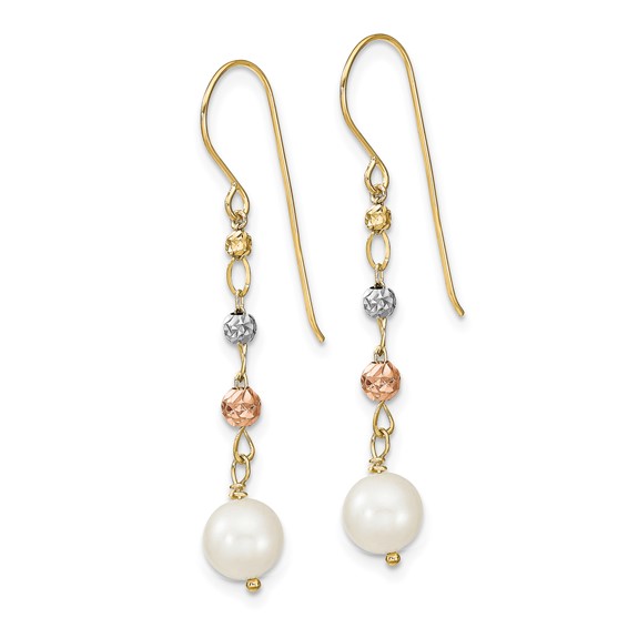 14K Tri-color 6-7mm White Semi-round Freshwater Cultured Pearl and Diamond-cut Bead Shepherd Hook Dangle Earrings