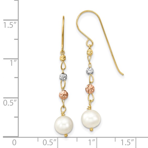 14K Tri-color 6-7mm White Semi-round Freshwater Cultured Pearl and Diamond-cut Bead Shepherd Hook Dangle Earrings