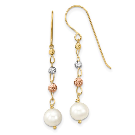 14K Tri-color 6-7mm White Semi-round Freshwater Cultured Pearl and Diamond-cut Bead Shepherd Hook Dangle Earrings