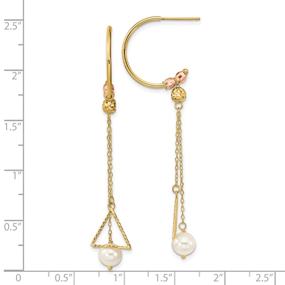 14K Two-tone Half Circle Diamond-cut 6mm FW Cultured Pearl Dangle Earrings