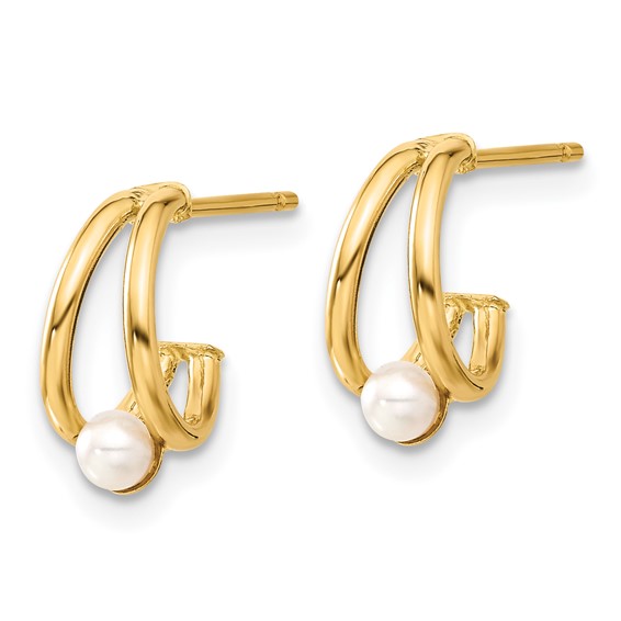 14k Polished 4-5mm White Round Freshwater Cultured Pearl J-Hoop Post Earrings