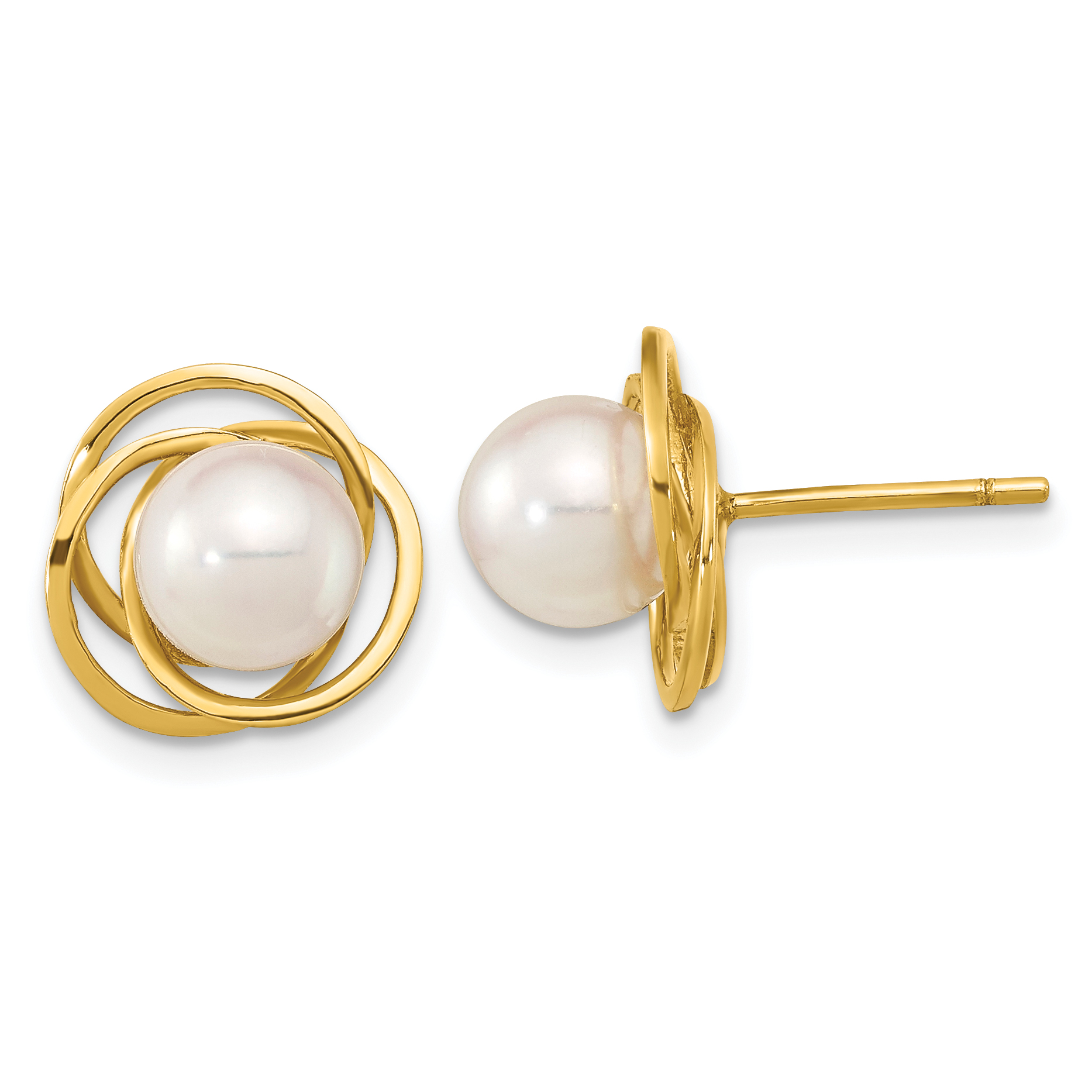 14k 6-7mm White Round Akoya Saltwater Cultured Pearl Post Earrings (XF802E)