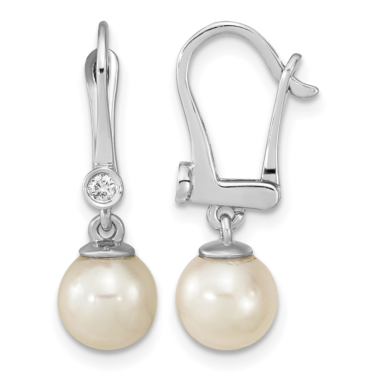 14k White Gold 7-8mm White Round Akoya Saltwater Cultured Pearl and .05 Carat Diamond Dangle Earrings (XF803E)