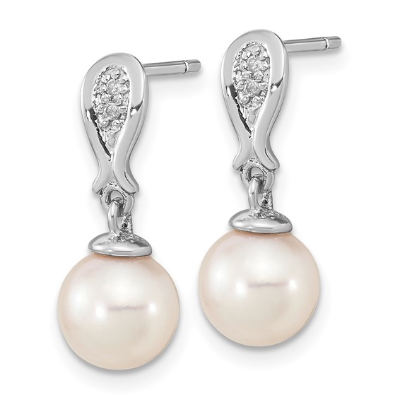 14k White Gold 7-8mm White Round Akoya Saltwater Cultured Pearl and .03 Carat Diamond Post Dangle Earrings