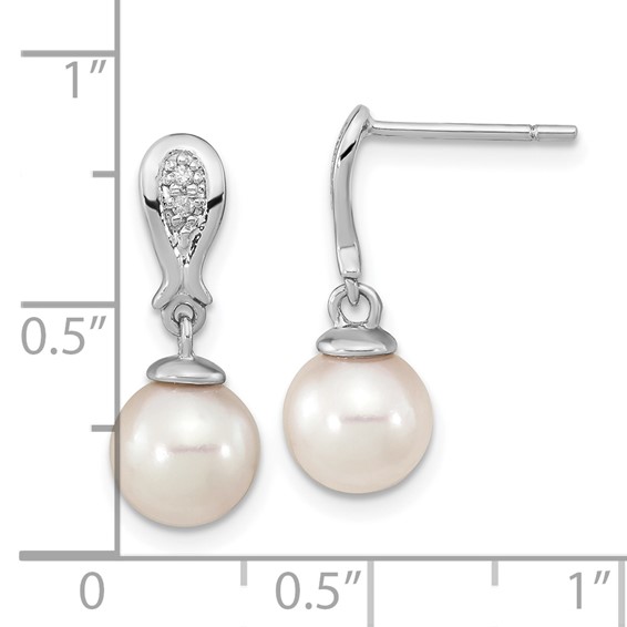 14k White Gold 7-8mm White Round Akoya Saltwater Cultured Pearl and .03 Carat Diamond Post Dangle Earrings