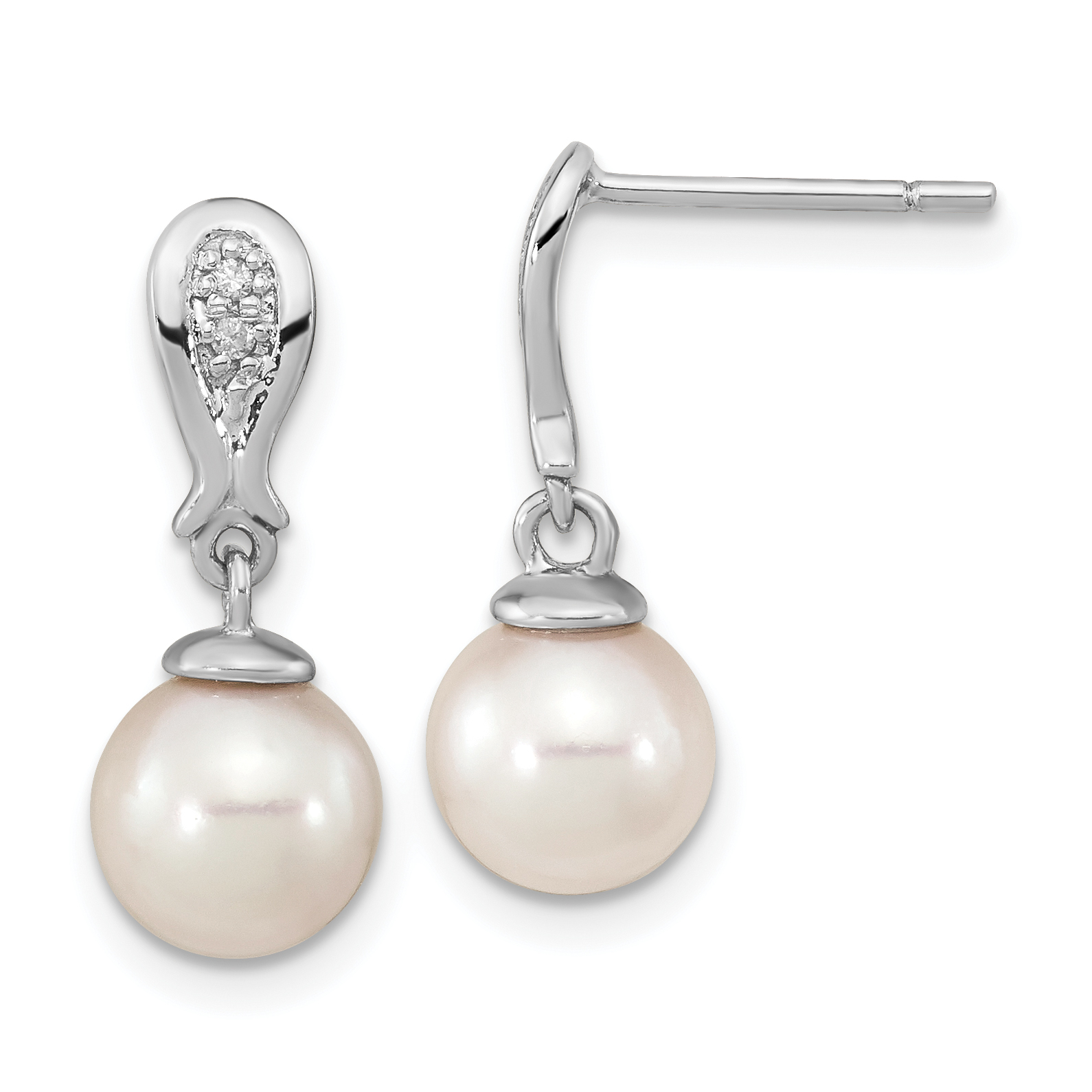 14k White Gold 7-8mm White Round Akoya Saltwater Cultured Pearl and .03 Carat Diamond Post Dangle Earrings (XF804E)