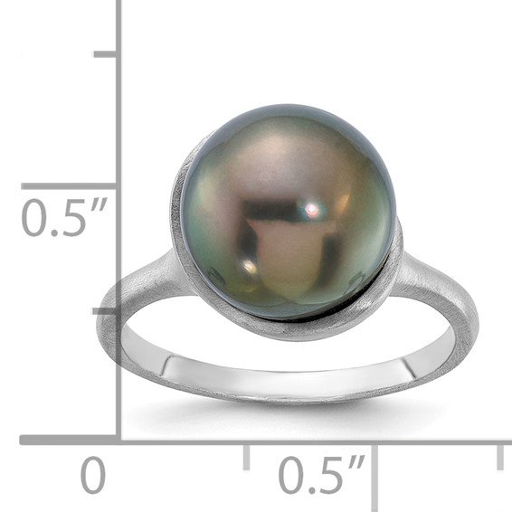 14k White Gold Brushed 10-11mm Round Black Tahitian Saltwater Cultured Pearl Ring