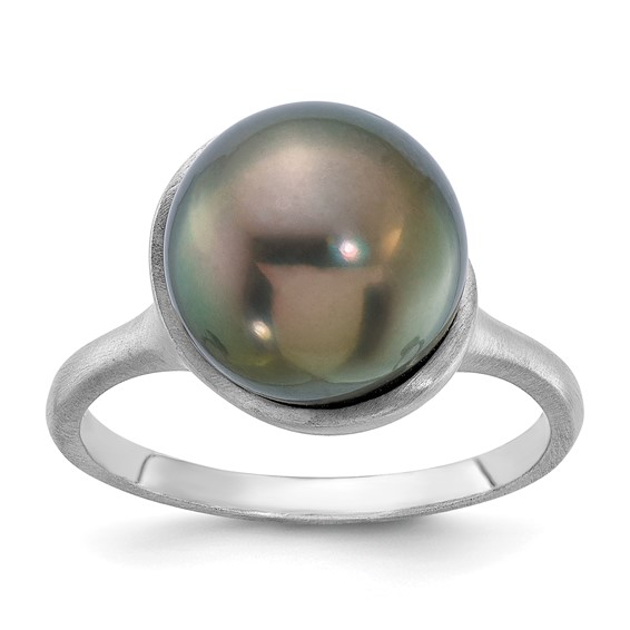 14k White Gold Brushed 10-11mm Round Black Tahitian Saltwater Cultured Pearl Ring