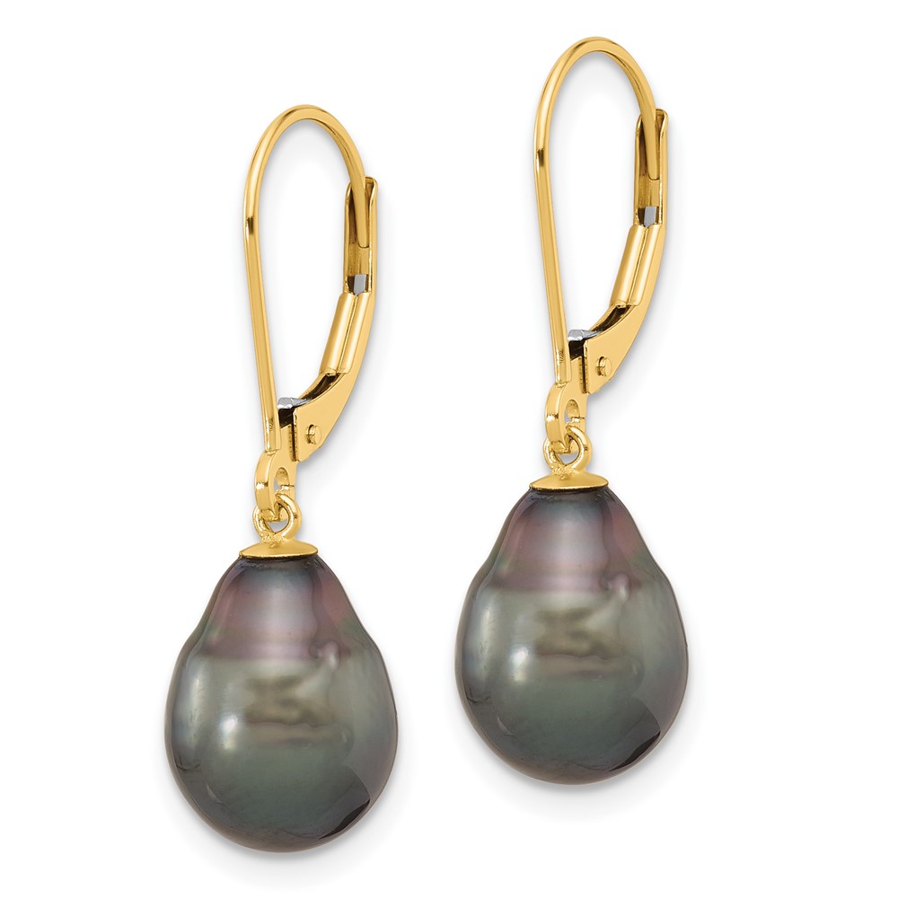 14k 8-9mm Black Teardrop Tahitian Saltwater Cultured Pearl Leverback Dangle Earrings (XF811E)